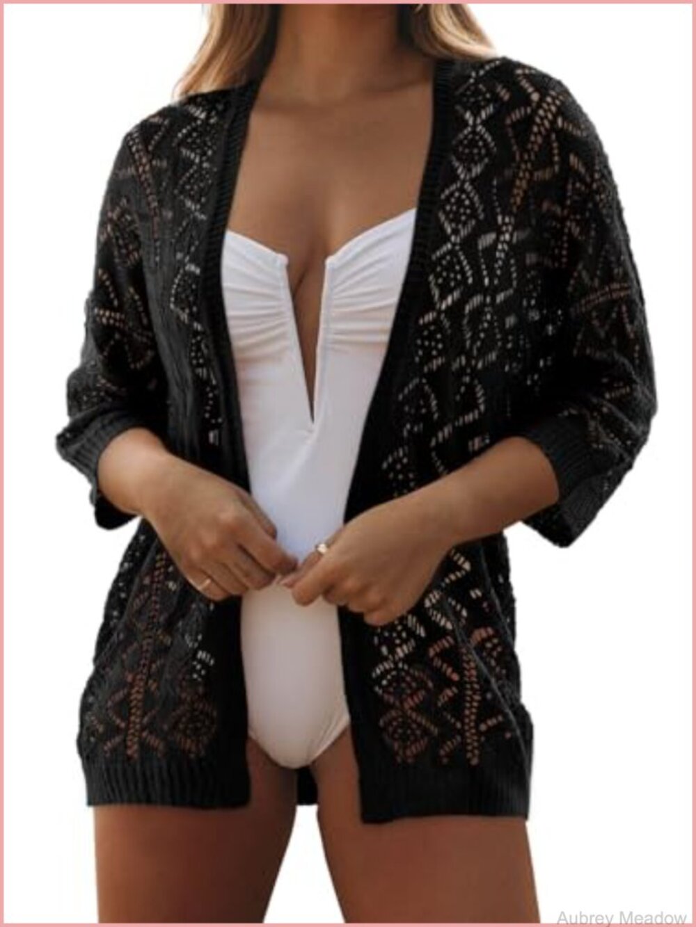 Crochet Cardigan Sweater Open Front 3/4 Sleeve Beach Coverup